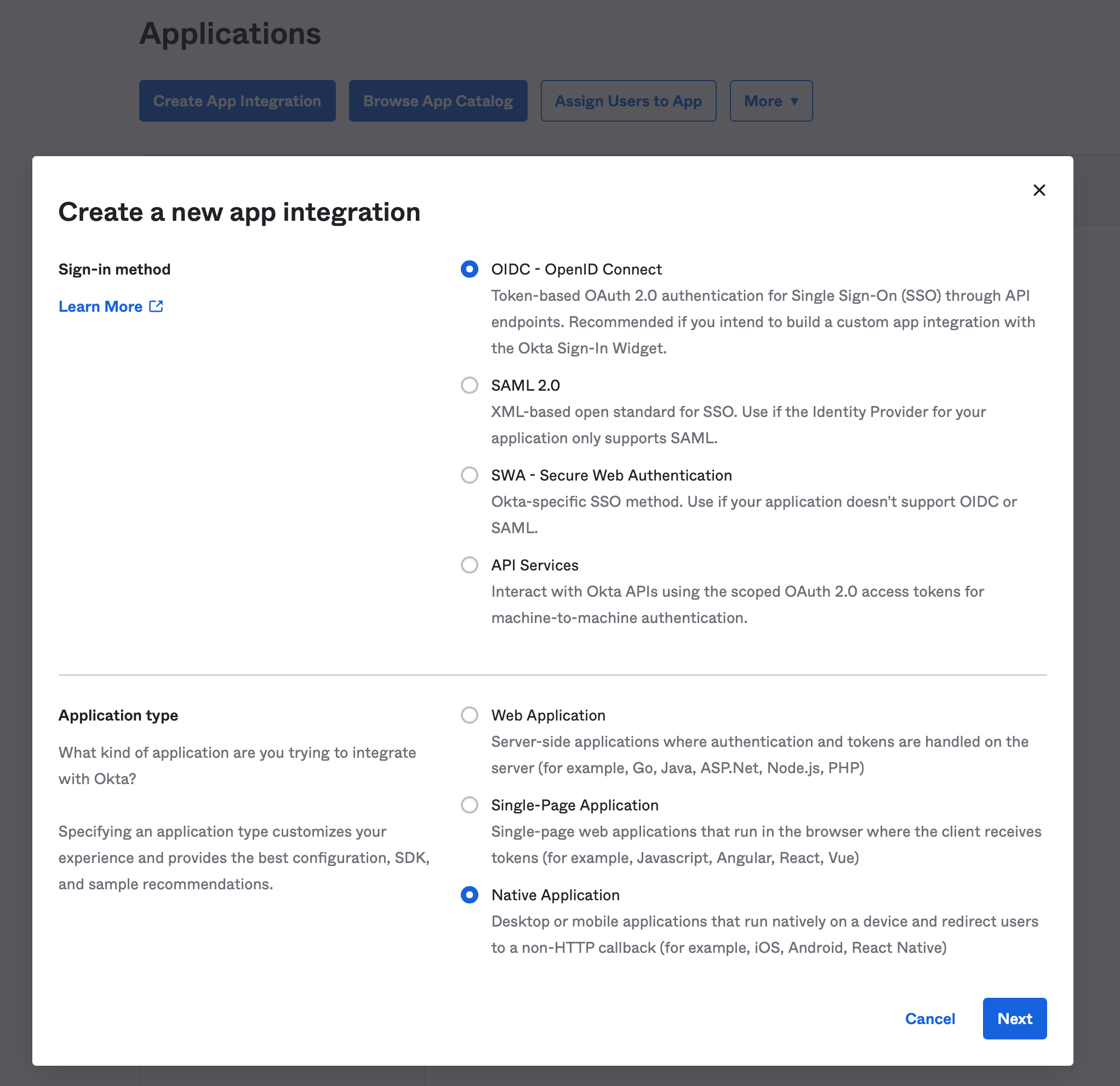 Okta Create a new App Integration
