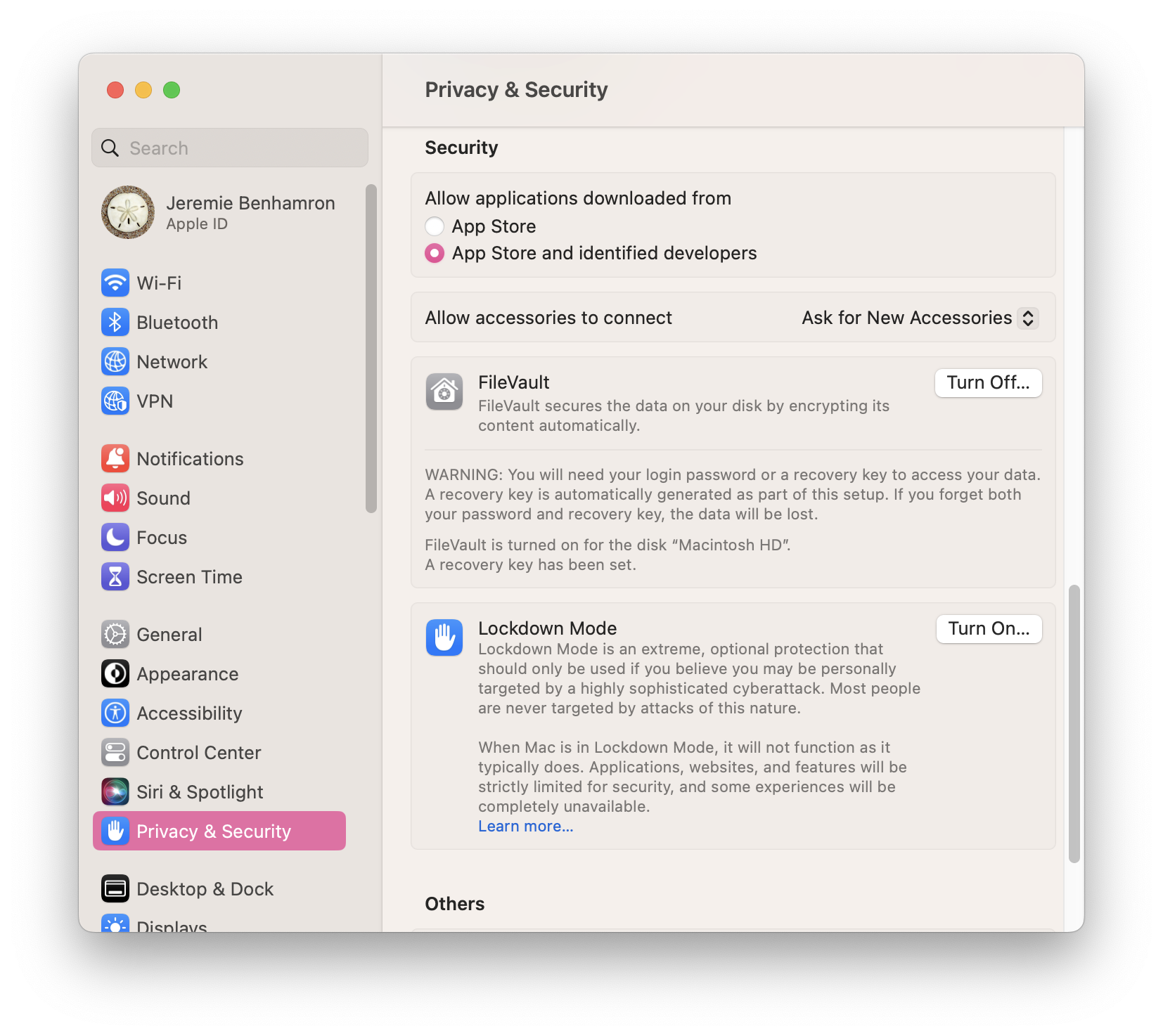 Disabling the FileVault setting