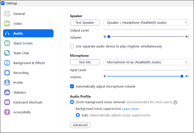 Settings Audio