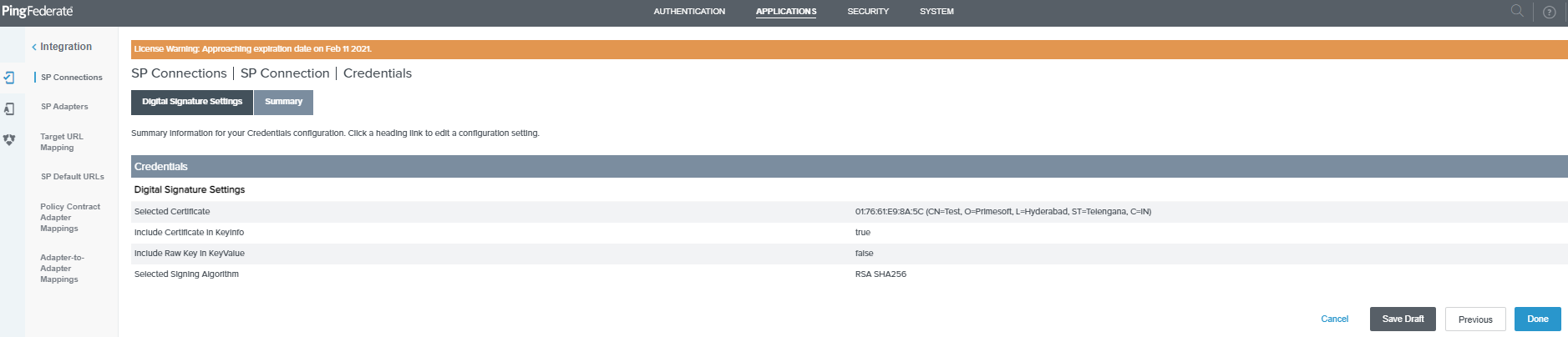 SP Connection Credentials Digital Signature Summary