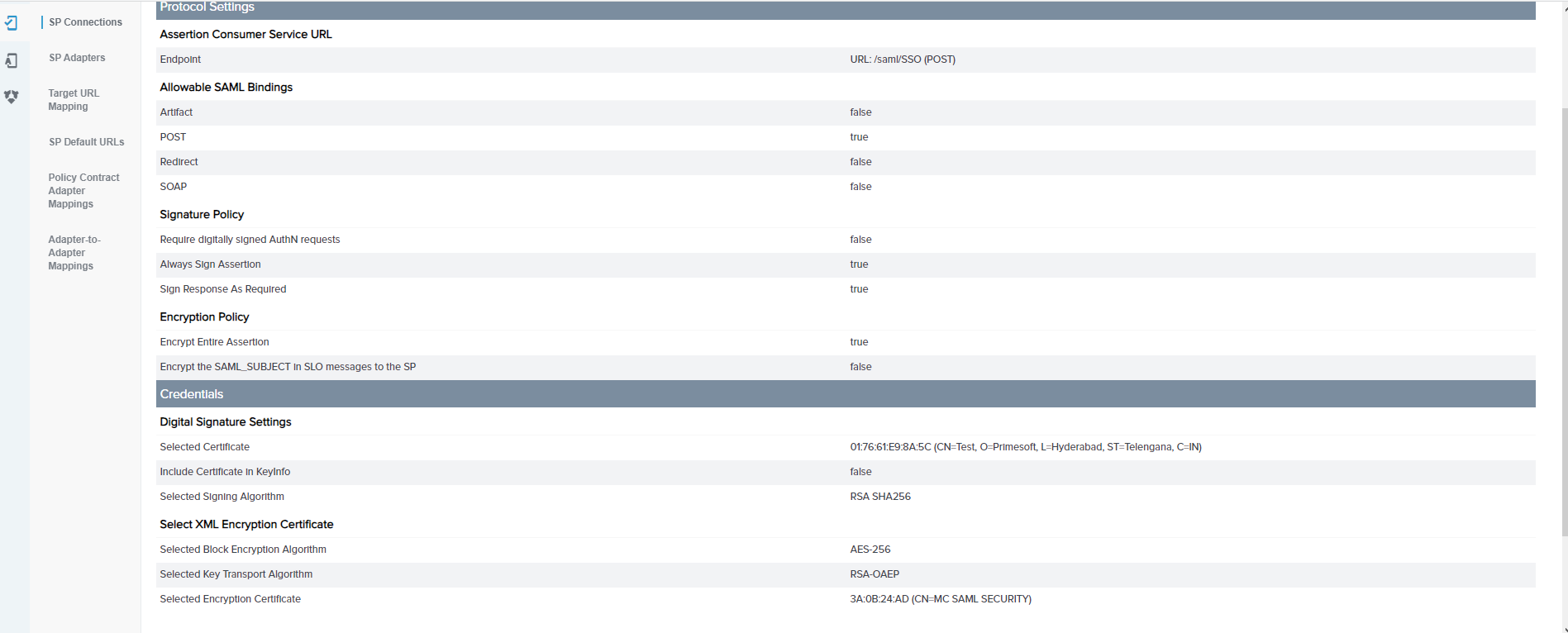 SP Connections Select Credentials XML Encryption Certificate Summary