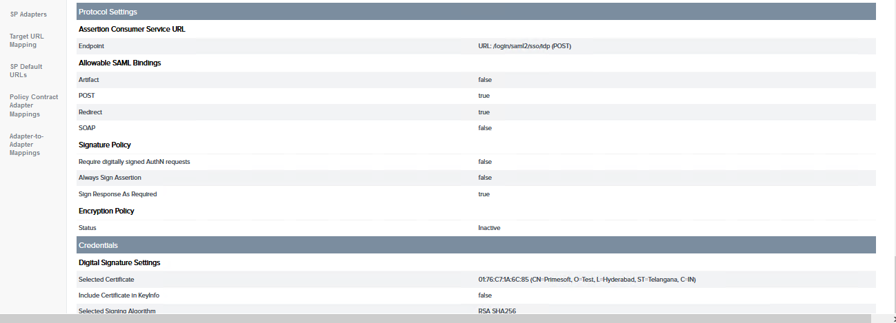 SP Connections Protocol Settings Signature Policy Link