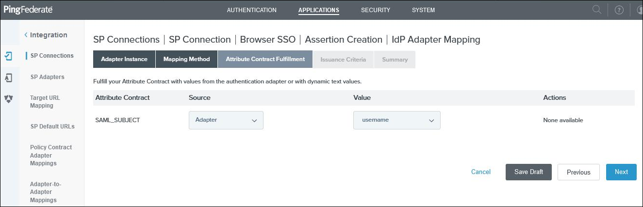 SP Connection IDP Adapter Mapping Attribute Contract Fulfillment