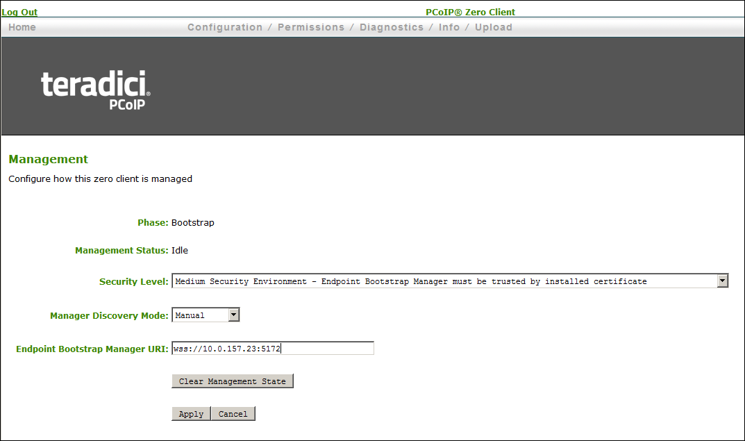 PCoIP Zero Client Management Page