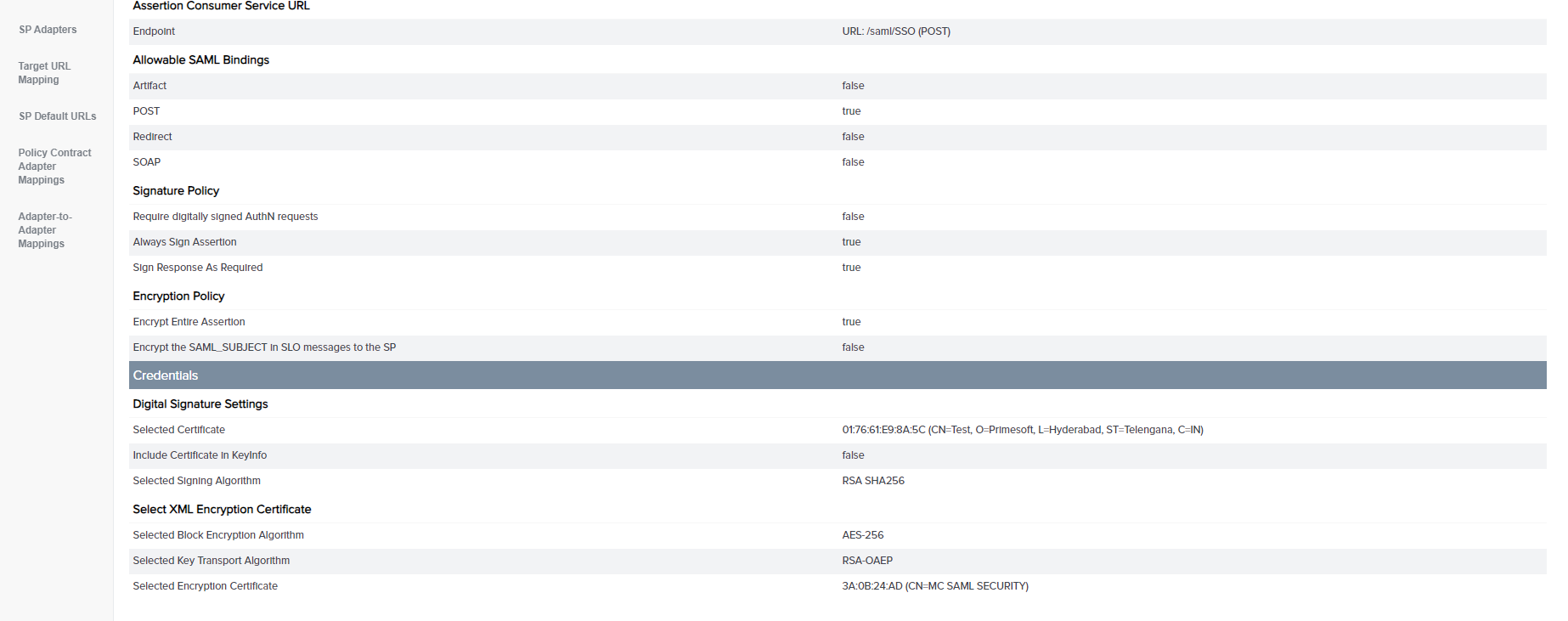 SP Connections Browser SSO Protocol Settings Summary Credentials