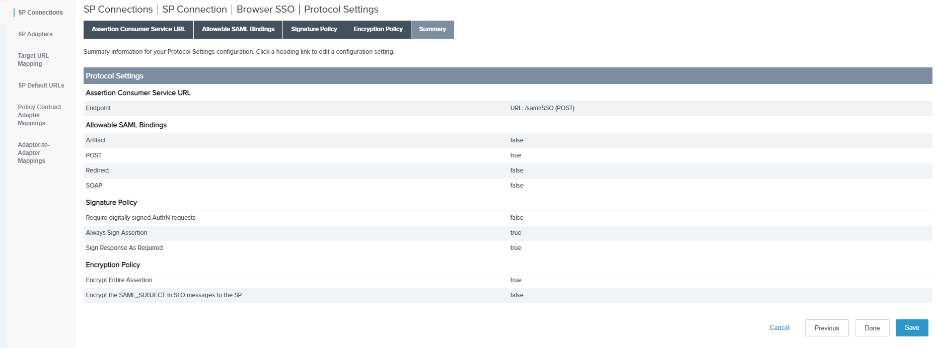 SP Connections Browser SSO Protocol Settings Summary Tab