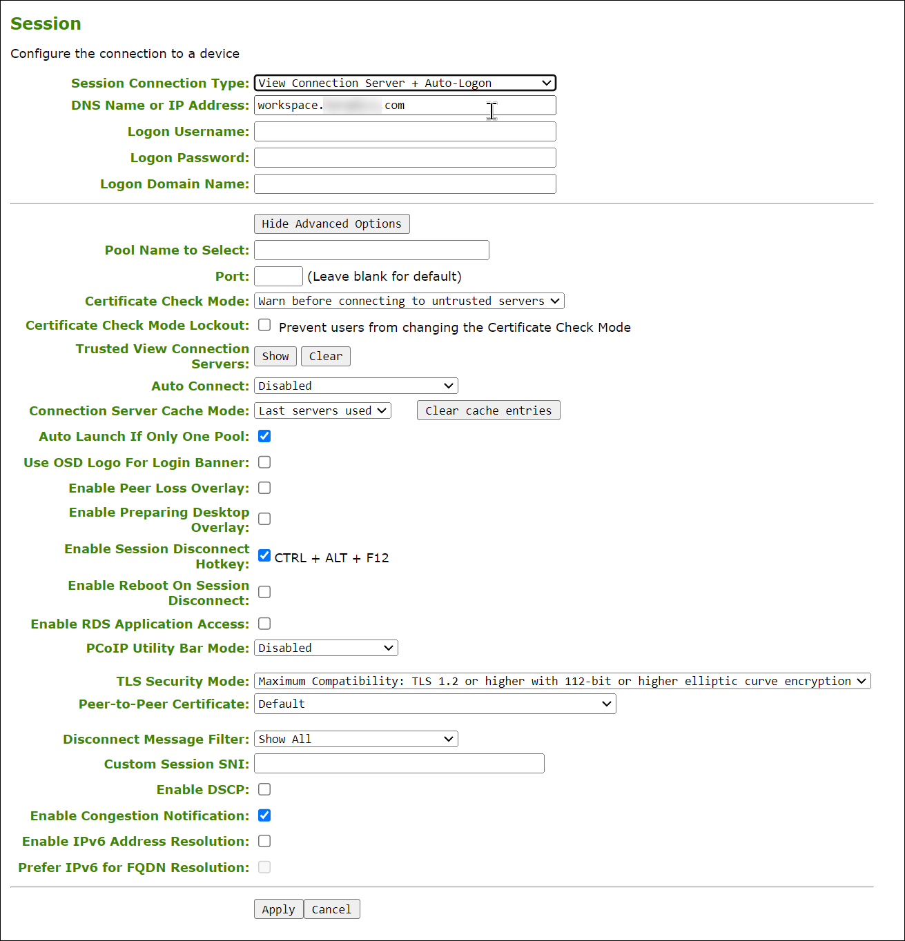 AWI View Connection Server Auto Logon Session Configuration