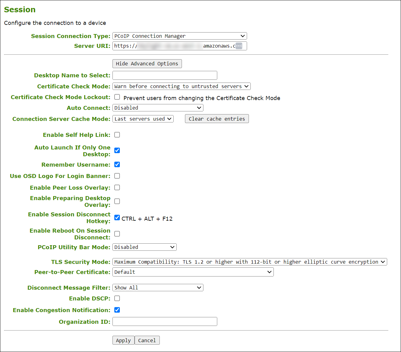 AWI Connection Manager Auto Logon Session Configuration