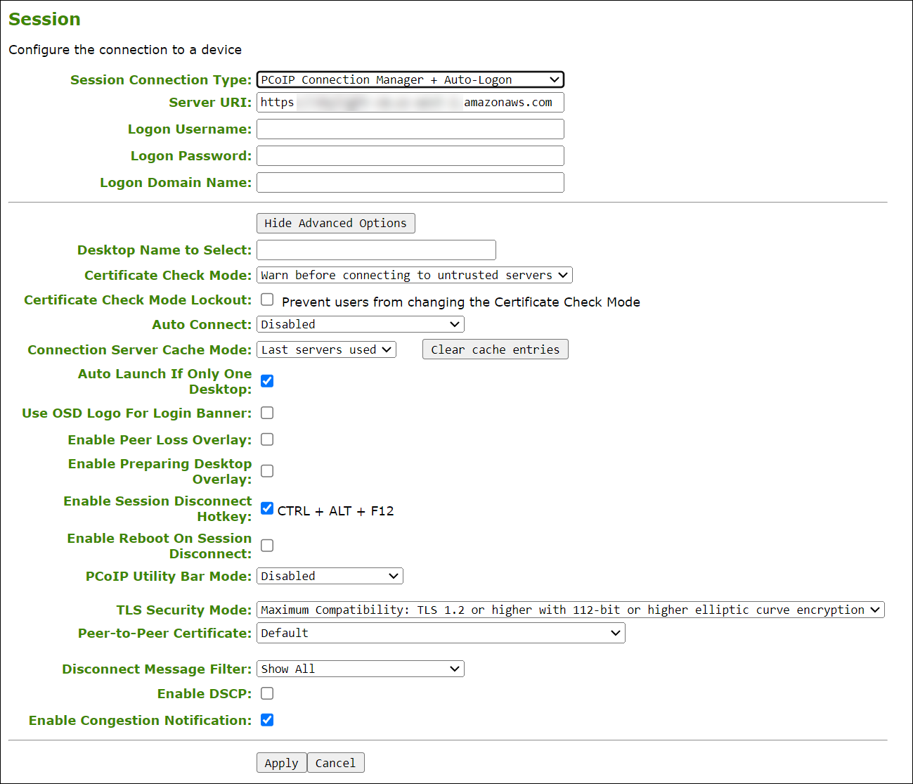 AWI Connection Manager Session Configuration